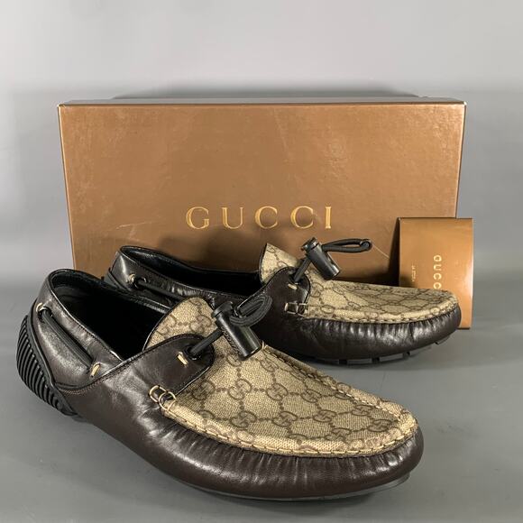 GUCCI Size 9.5 Tan Brown Monogram Leather Drivers Loafers main image 8